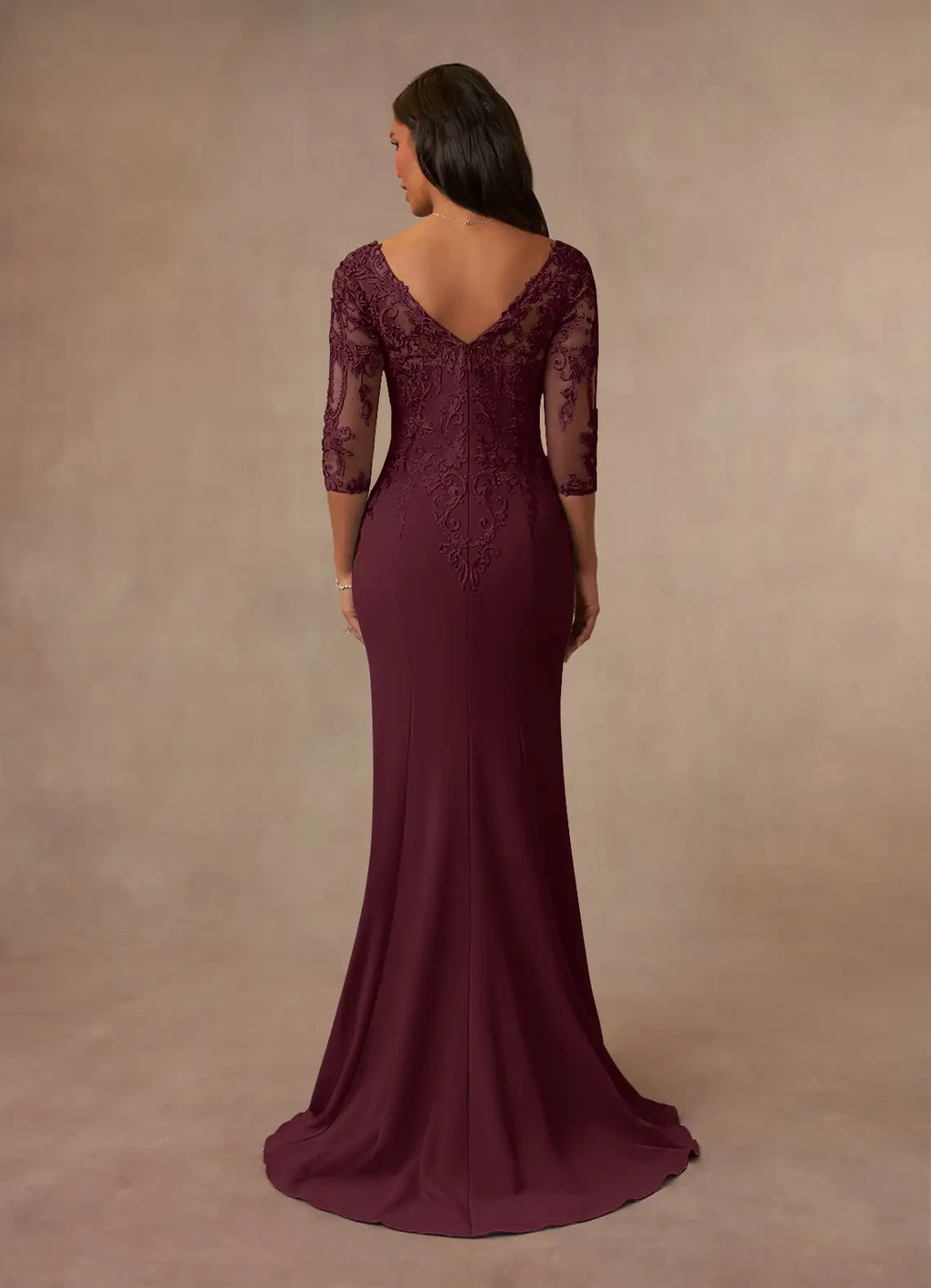 Cabernet Mermaid Mother of the Bride Dress with Illusion Sleeves V - Neckline and Appliqués
