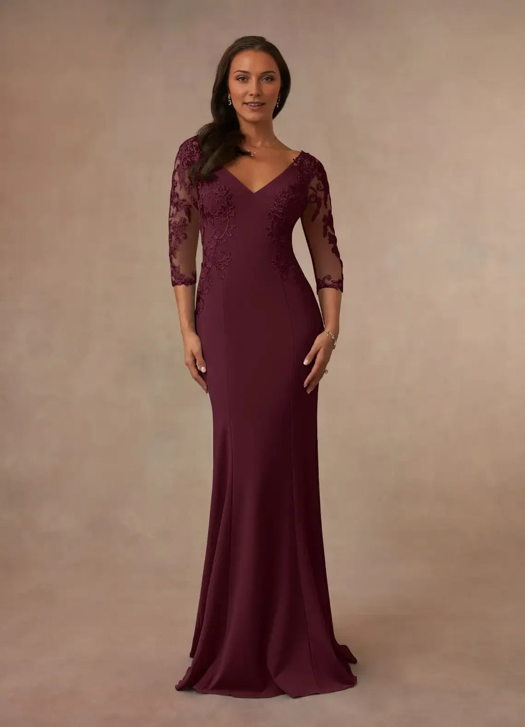 Cabernet Mermaid Mother of the Bride Dress with Illusion Sleeves V - Neckline and Appliqués