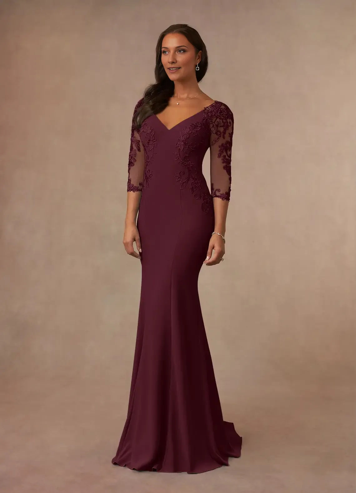 Cabernet Mermaid Mother of the Bride Dress with Illusion Sleeves V - Neckline and Appliqués