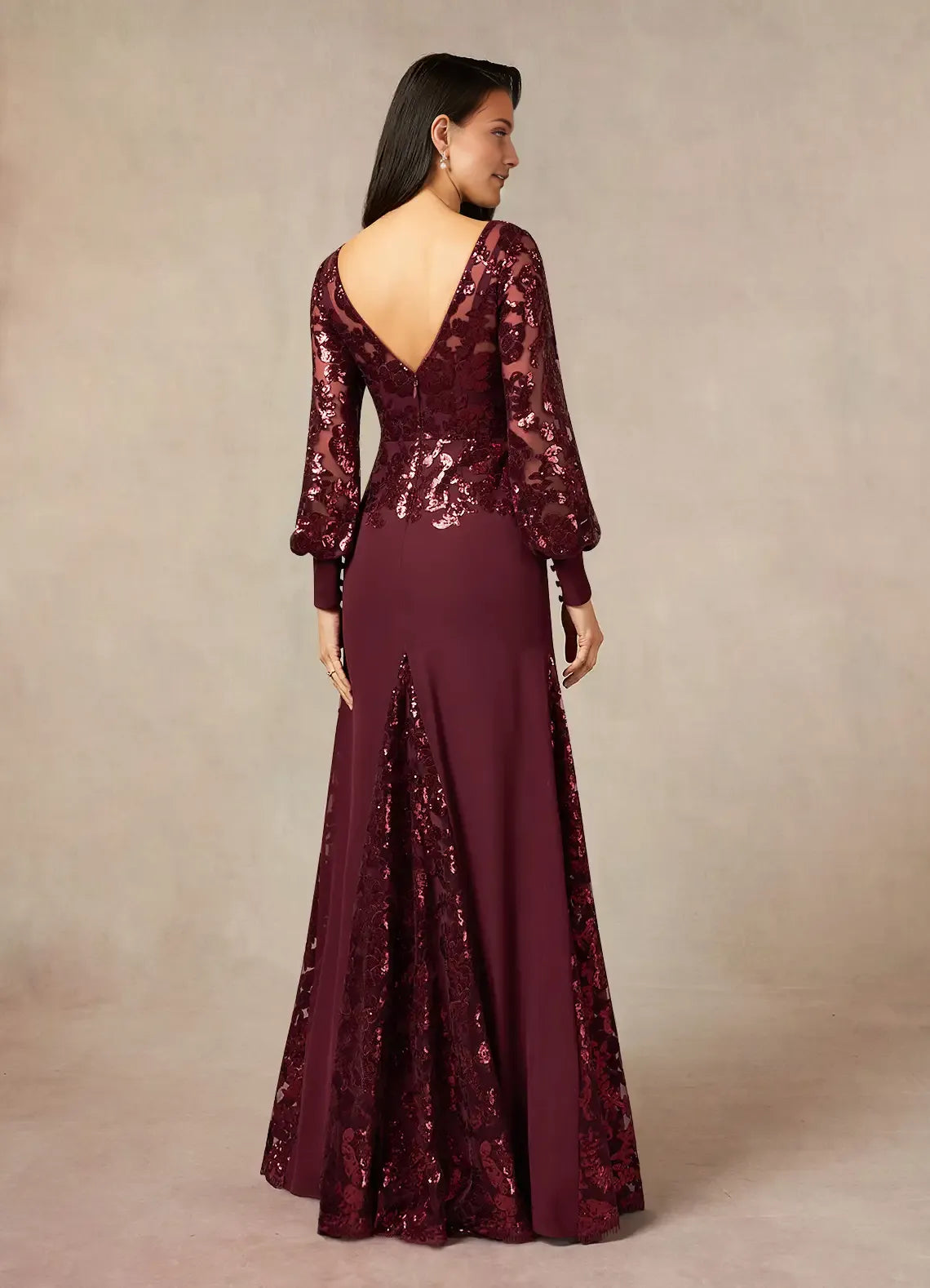 Cabernet Mermaid Sequins Mother of the Bride Dress with Sheer Long Sleeves Boat Neckline and Contrast Train Detailing