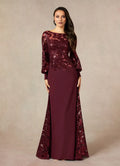 Cabernet Mermaid Sequins Mother of the Bride Dress with Sheer Long Sleeves Boat Neckline and Contrast Train Detailing