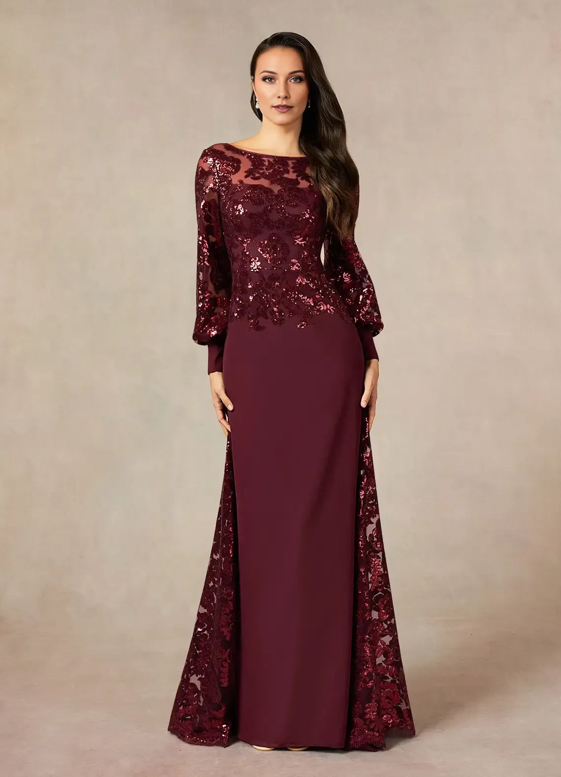 Cabernet Mermaid Sequins Mother of the Bride Dress with Sheer Long Sleeves Boat Neckline and Contrast Train Detailing