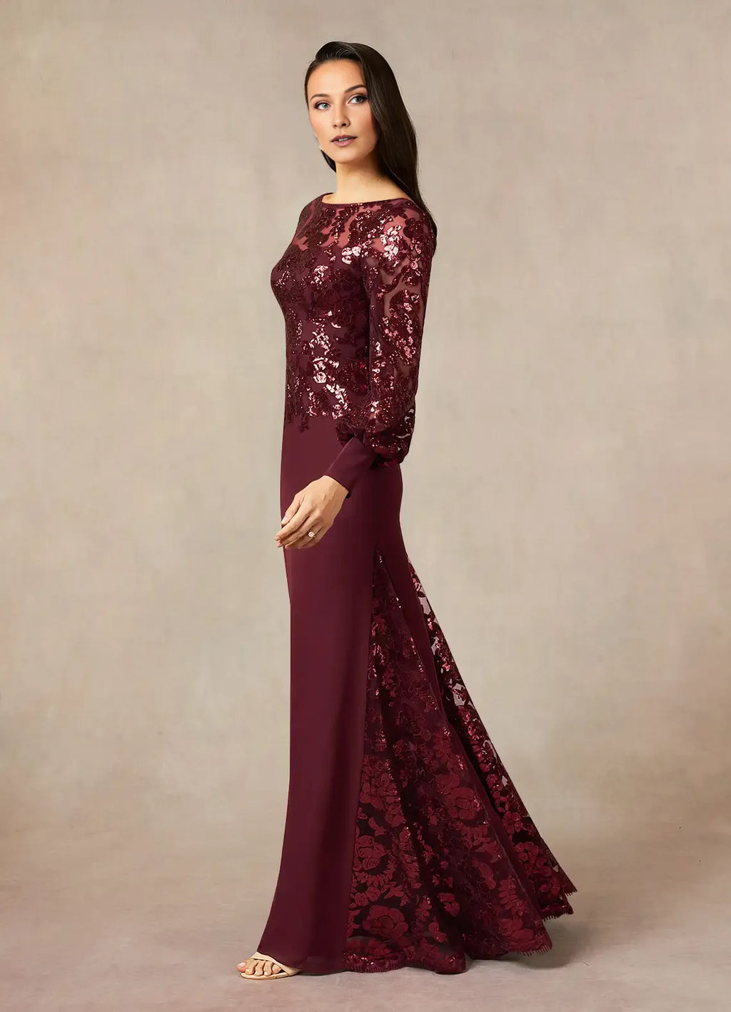 Cabernet Mermaid Sequins Mother of the Bride Dress with Sheer Long Sleeves Boat Neckline and Contrast Train Detailing