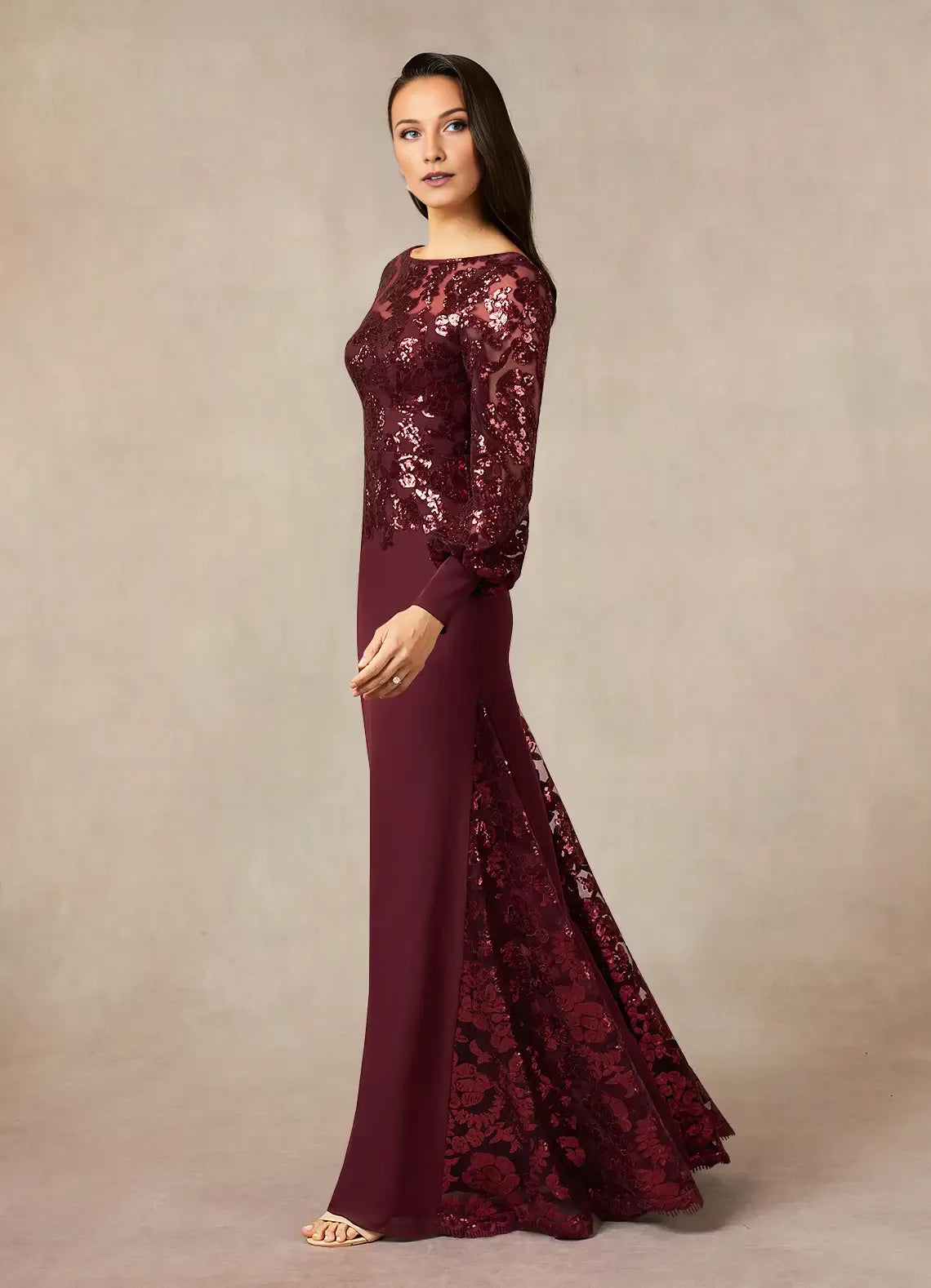 Cabernet Mermaid Sequins Mother of the Bride Dress with Sheer Long Sleeves Boat Neckline and Contrast Train Detailing
