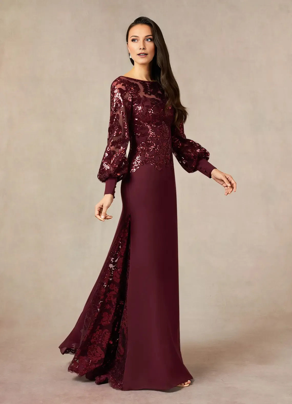 Cabernet Mermaid Sequins Mother of the Bride Dress with Sheer Long Sleeves Boat Neckline and Contrast Train Detailing