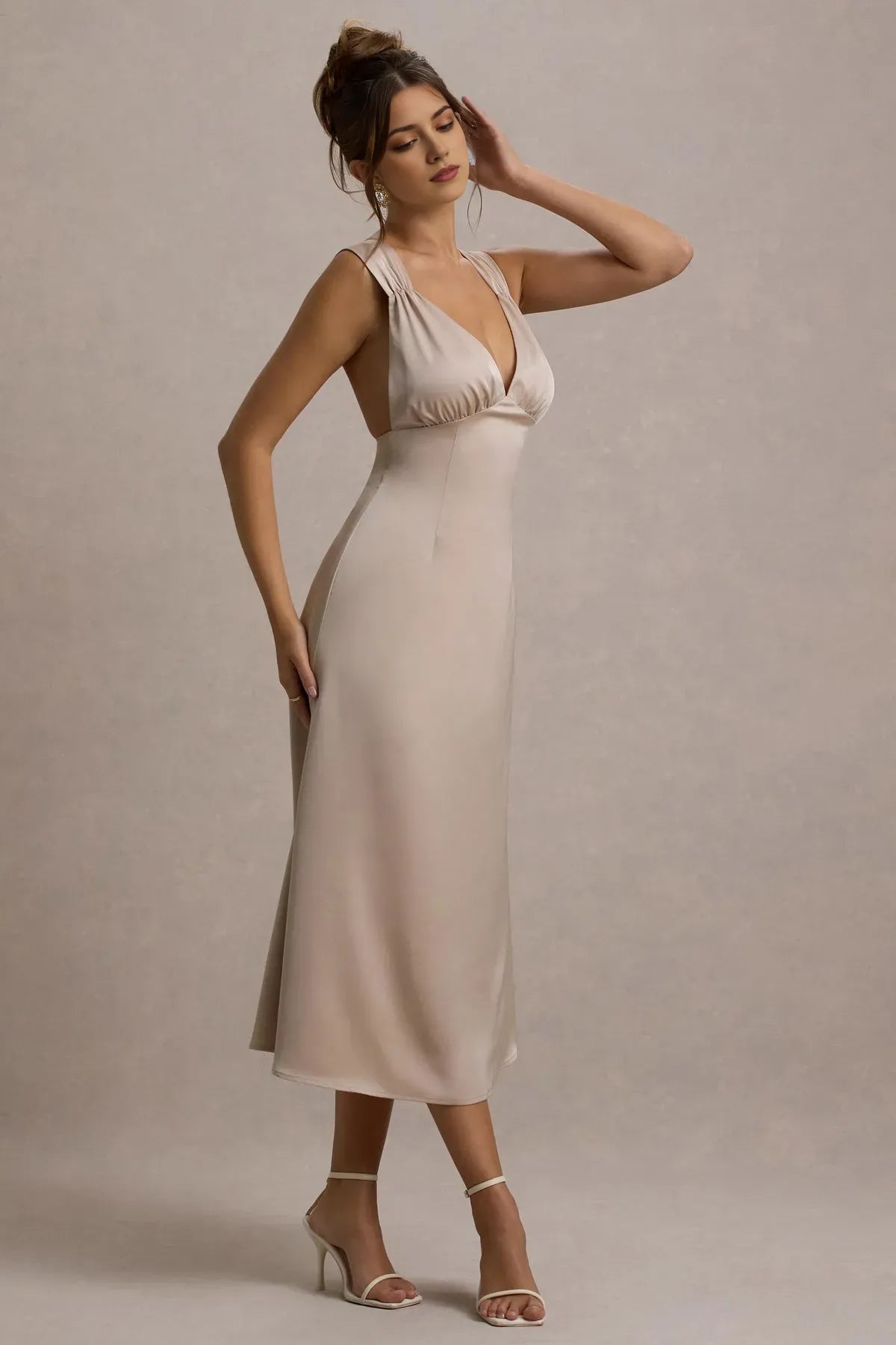 Champagne - Hued Prom Dresses with Plunging V - Neck Ruched Shoulder Details and Flattering Fit A Timeless Choice for Sophisticated Balls Graceful Galas and Refined Evening Soirées