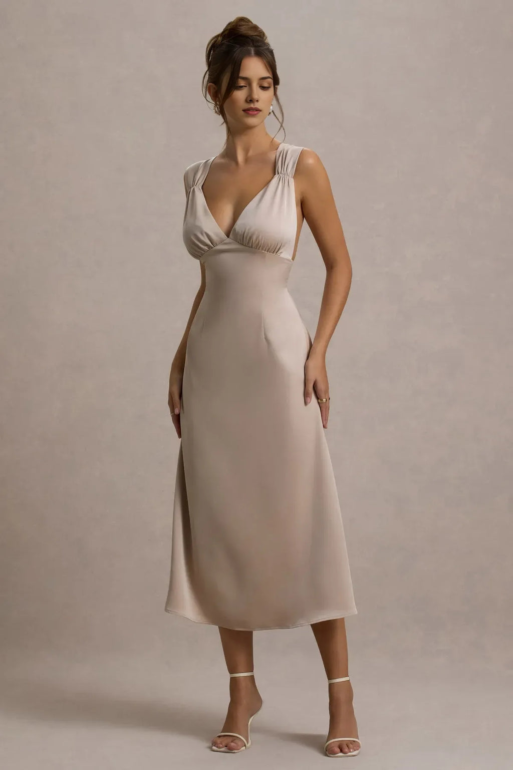Champagne - Hued Prom Dresses with Plunging V - Neck Ruched Shoulder Details and Flattering Fit A Timeless Choice for Sophisticated Balls Graceful Galas and Refined Evening Soirées