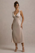 Champagne - Hued Prom Dresses with Plunging V - Neck Ruched Shoulder Details and Flattering Fit A Timeless Choice for Sophisticated Balls Graceful Galas and Refined Evening Soirées