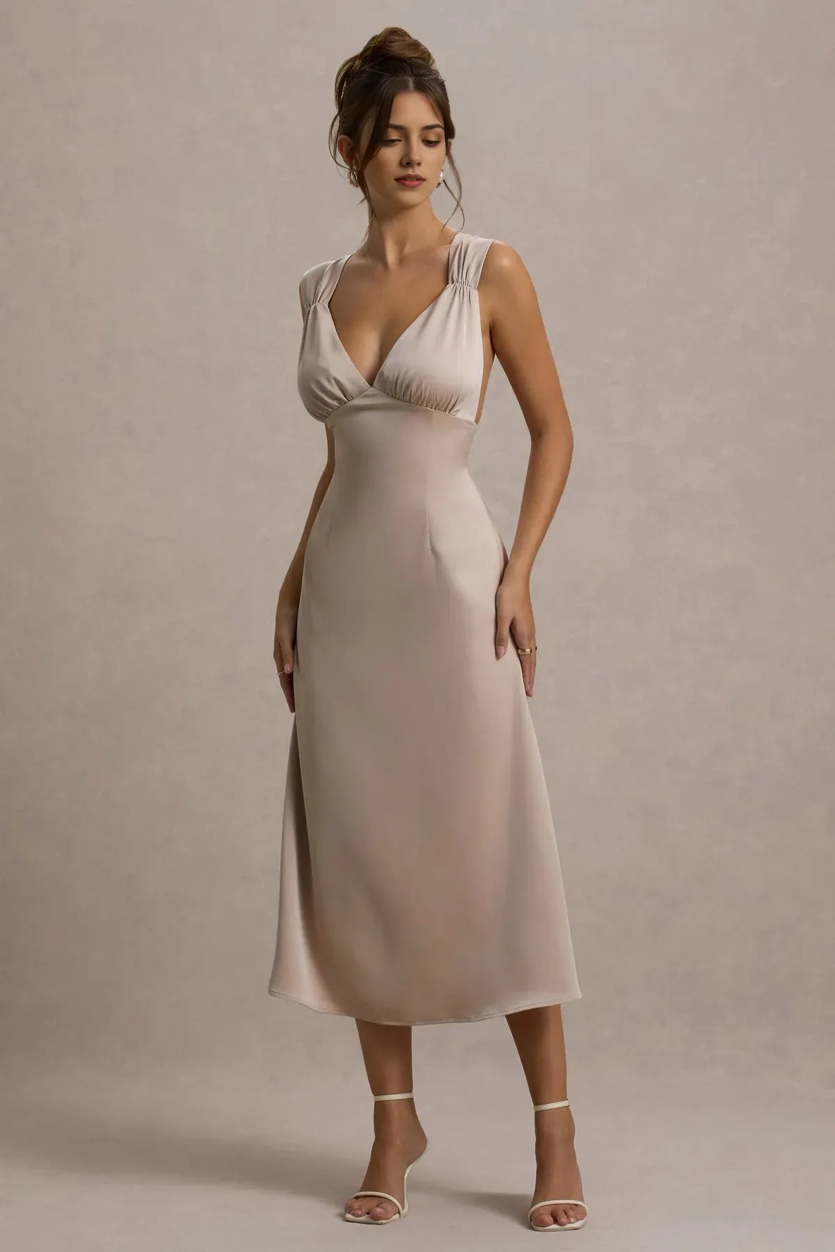 Champagne - Hued Prom Dresses with Plunging V - Neck Ruched Shoulder Details and Flattering Fit A Timeless Choice for Sophisticated Balls Graceful Galas and Refined Evening Soirées