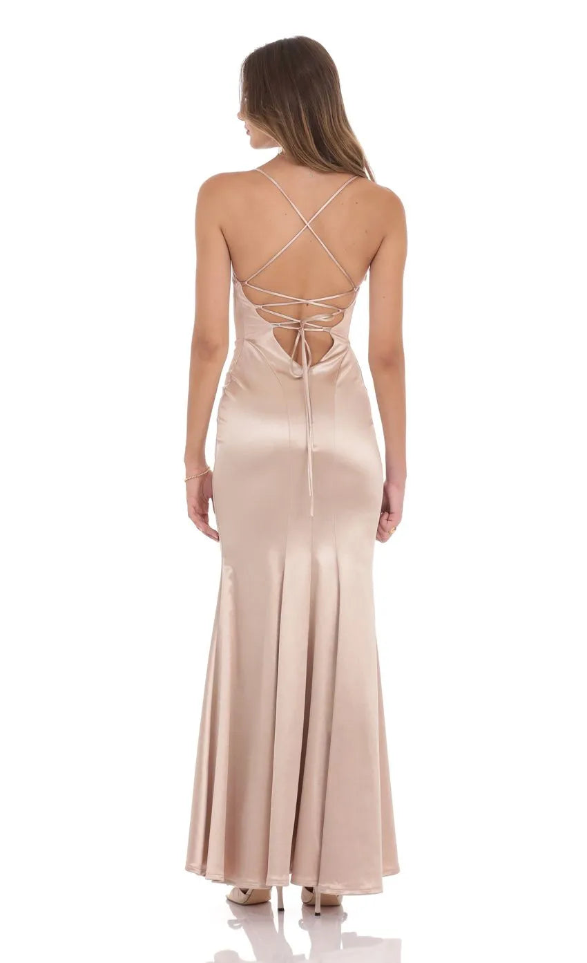Champagne - Prom Dress with Spaghetti Straps Plunging V Neck and Mermaid Silhouette Perfect for Formal Prom Nights