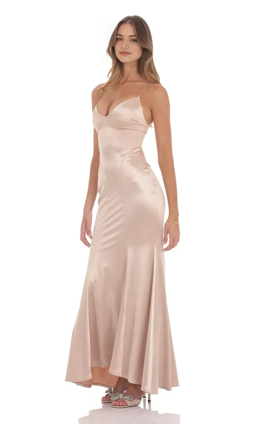 Champagne - Prom Dress with Spaghetti Straps Plunging V Neck and Mermaid Silhouette Perfect for Formal Prom Nights