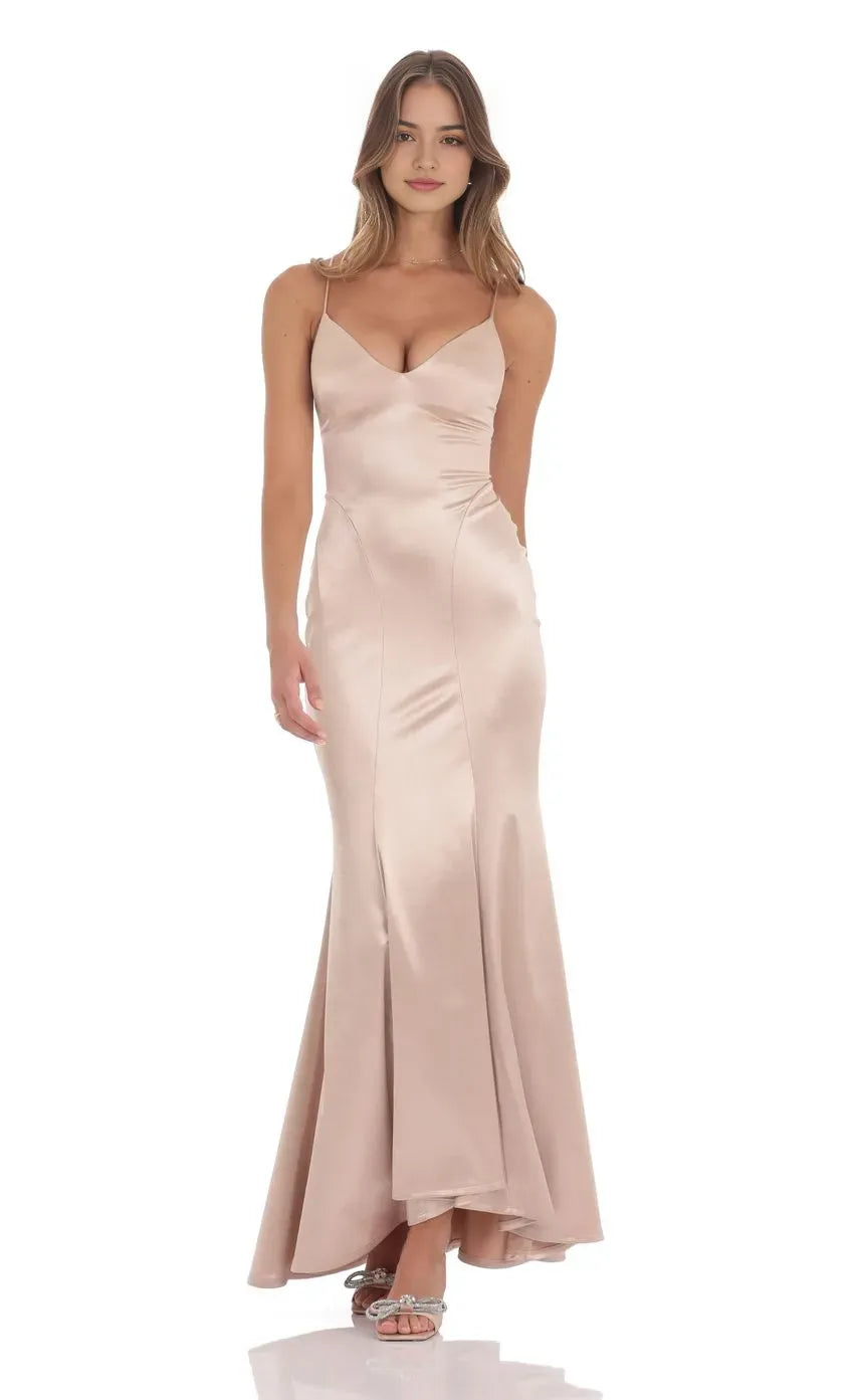 Champagne - Prom Dress with Spaghetti Straps Plunging V Neck and Mermaid Silhouette Perfect for Formal Prom Nights