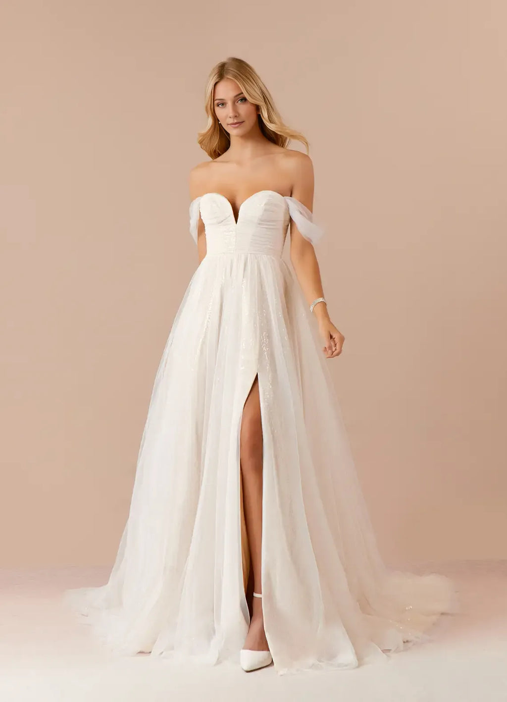 Champagne A-Line Off the Shoulder Sweetheart Neckline Wedding Dress with Sheer Skirt Side Slit, and Detailing for a Romantic Bridal Look