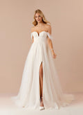 Champagne A-Line Off the Shoulder Sweetheart Neckline Wedding Dress with Sheer Skirt Side Slit, and Detailing for a Romantic Bridal Look