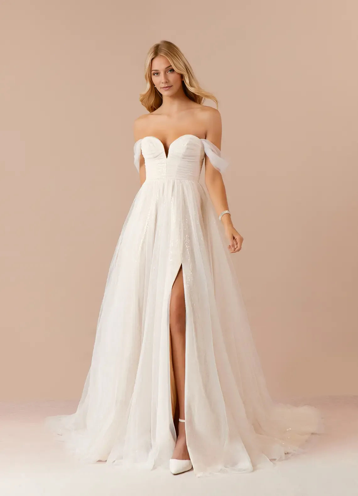 Champagne A-Line Off the Shoulder Sweetheart Neckline Wedding Dress with Sheer Skirt Side Slit, and Detailing for a Romantic Bridal Look
