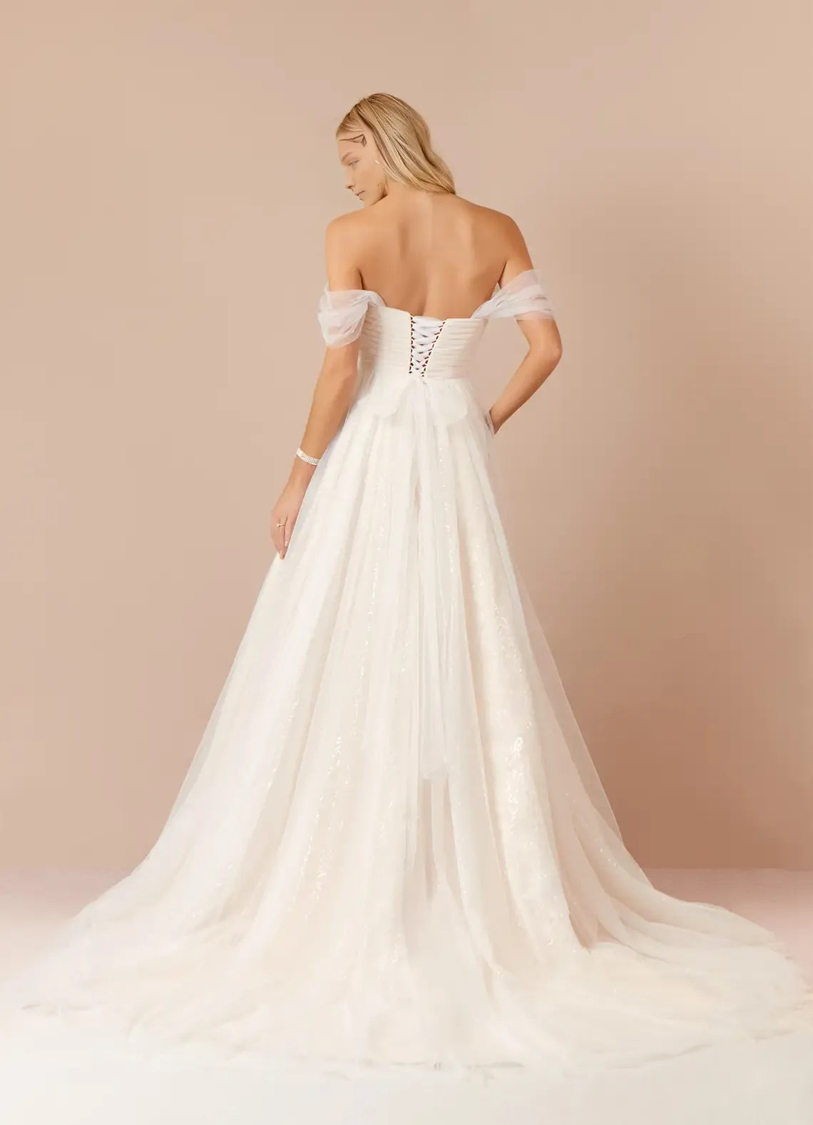 Champagne A-Line Off the Shoulder Sweetheart Neckline Wedding Dress with Sheer Skirt Side Slit, and Detailing for a Romantic Bridal Look