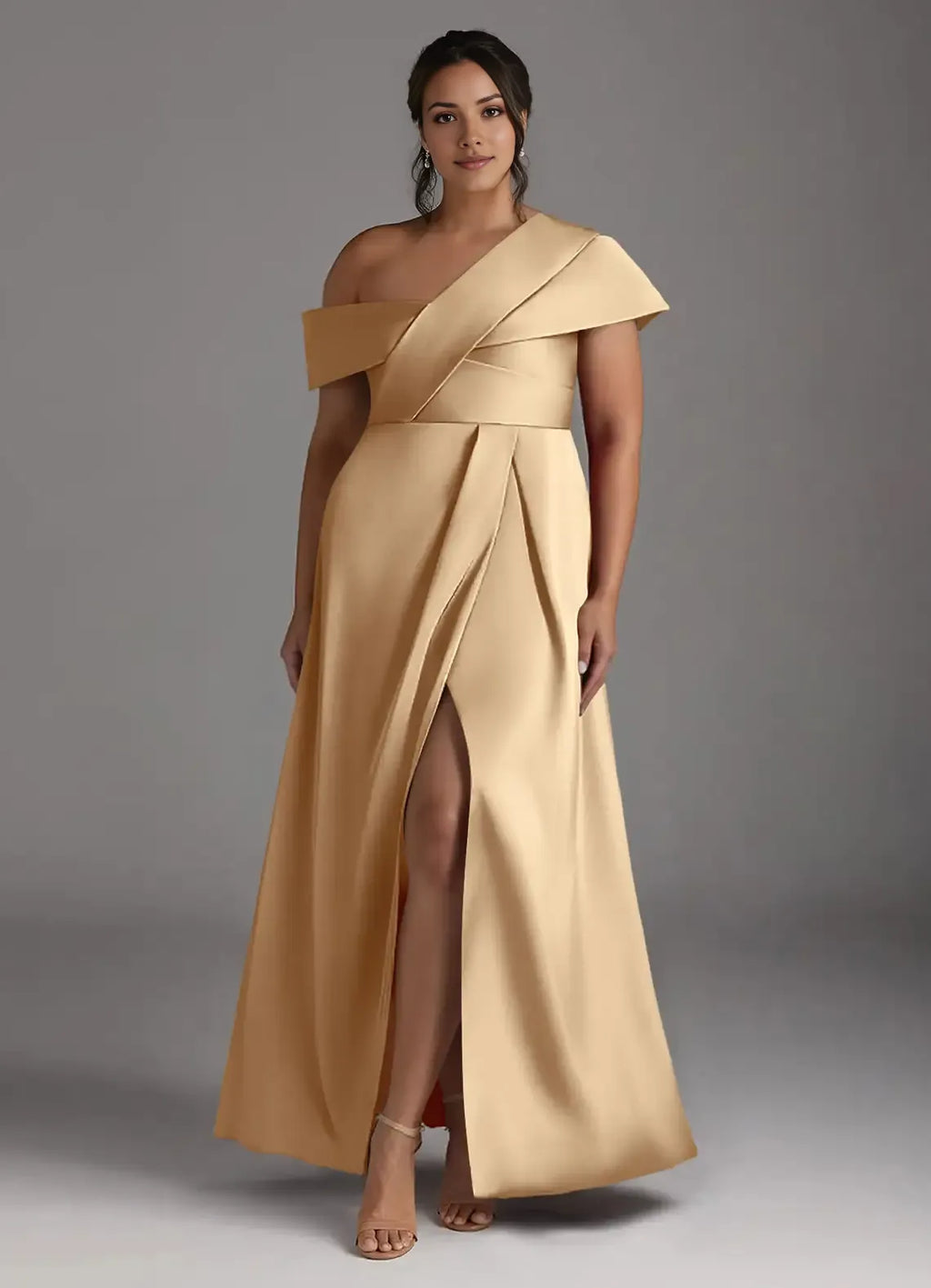 Champagne A-Line One-Shoulder Sleeveless Back Zip Pleated High Slit Floor-Length Plus-Size Prom Dresses