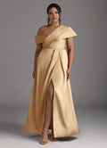 Champagne A-Line One-Shoulder Sleeveless Back Zip Pleated High Slit Floor-Length Plus-Size Prom Dresses