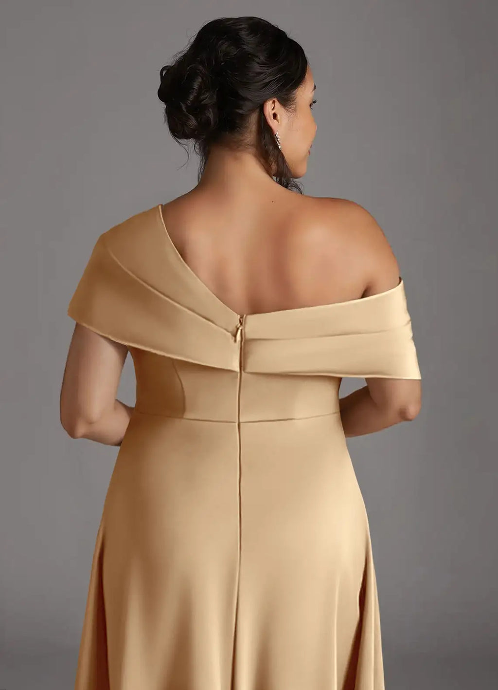 Champagne A-Line One-Shoulder Sleeveless Back Zip Pleated High Slit Floor-Length Plus-Size Prom Dresses