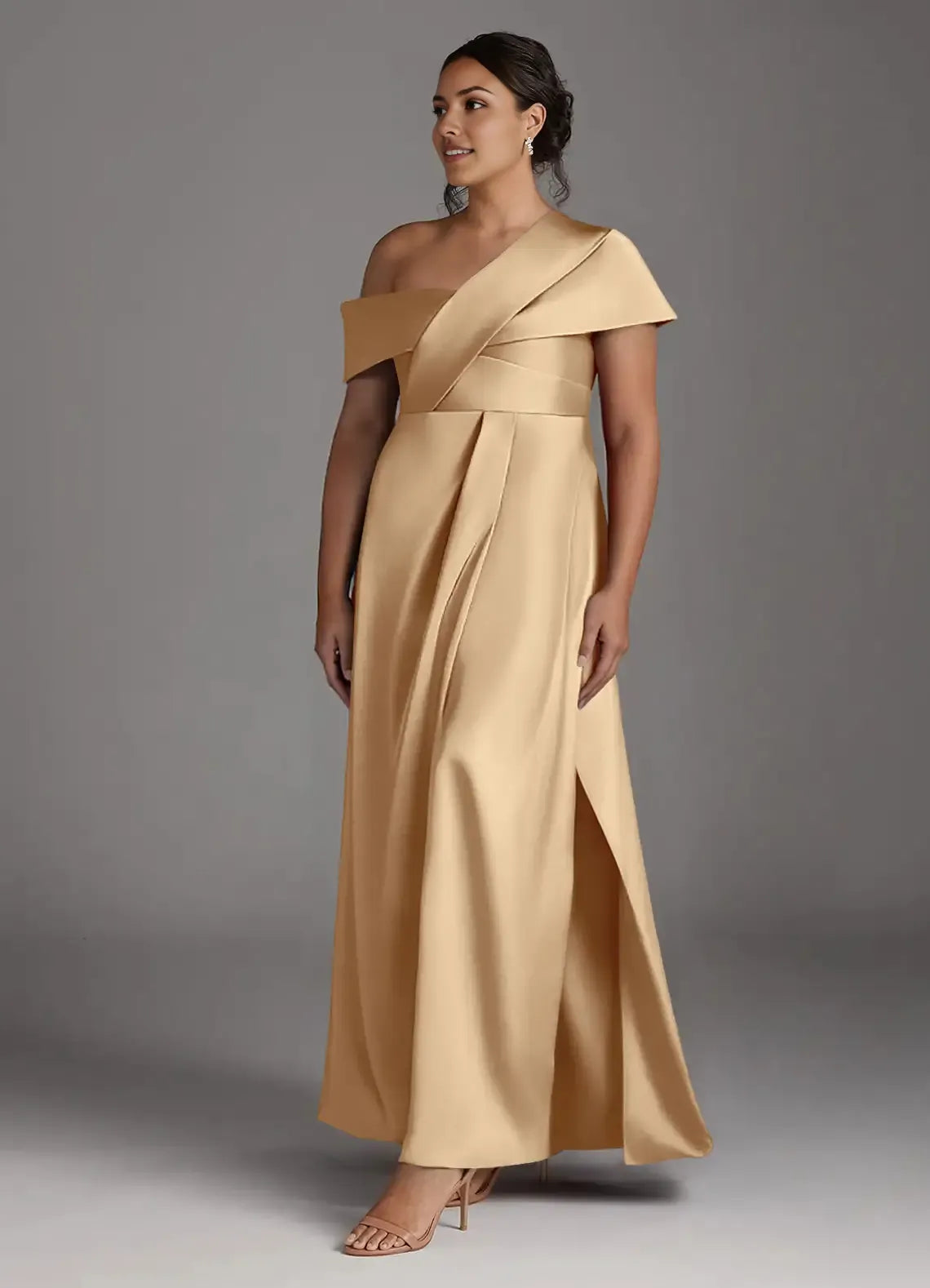 Champagne A-Line One-Shoulder Sleeveless Back Zip Pleated High Slit Floor-Length Plus-Size Prom Dresses