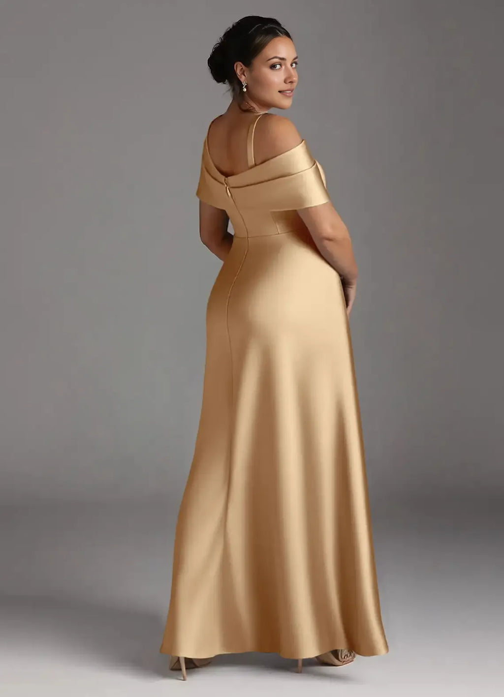 Champagne A-Line One-Shoulder Sleeveless Back Zip Pleated High Slit Floor-Length Plus-Size Prom Dresses
