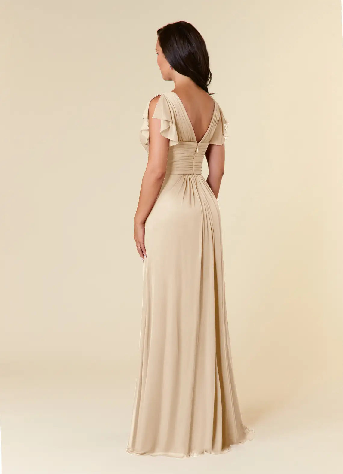 Champagne A-Line Pleated Mother of the Bride Dress Surplice V - Neck Flutter Short Sleeves Ruched Waist Asymmetric Ruffled Skirt