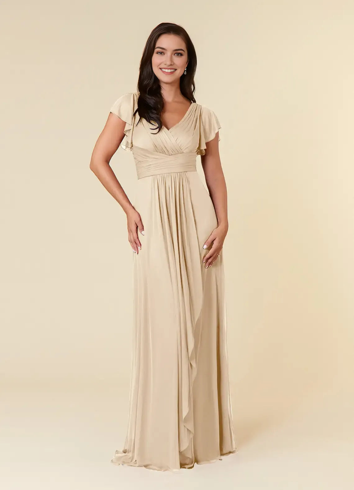 Champagne A-Line Pleated Mother of the Bride Dress Surplice V - Neck Flutter Short Sleeves Ruched Waist Asymmetric Ruffled Skirt