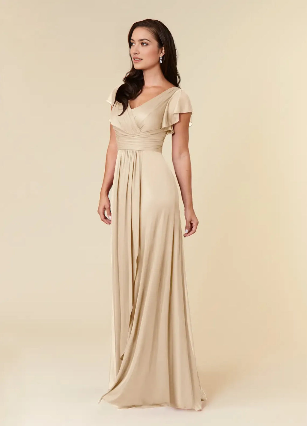 Champagne A-Line Pleated Mother of the Bride Dress Surplice V - Neck Flutter Short Sleeves Ruched Waist Asymmetric Ruffled Skirt