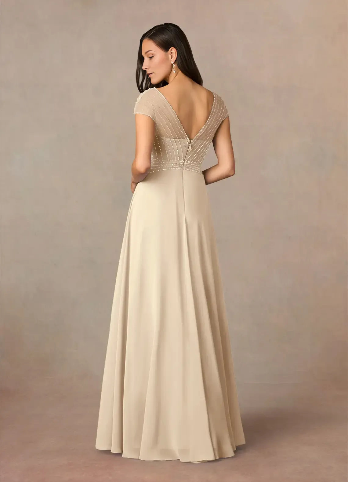 Champagne A-Line V-Neck sequins Mother of the Bride Dress with Bodice Cap Sleeves and Flowy Skirt
