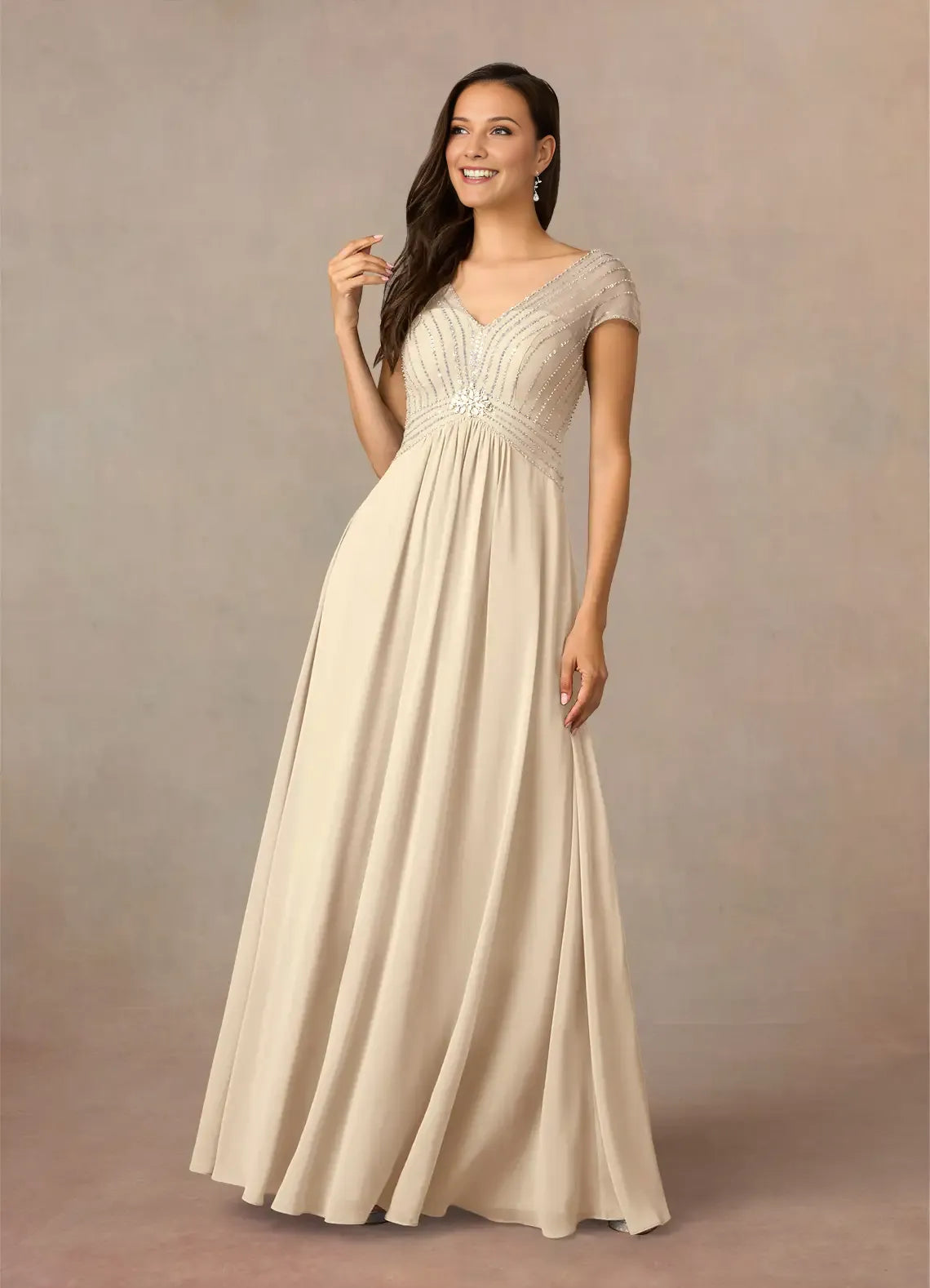 Champagne A-Line V-Neck sequins Mother of the Bride Dress with Bodice Cap Sleeves and Flowy Skirt
