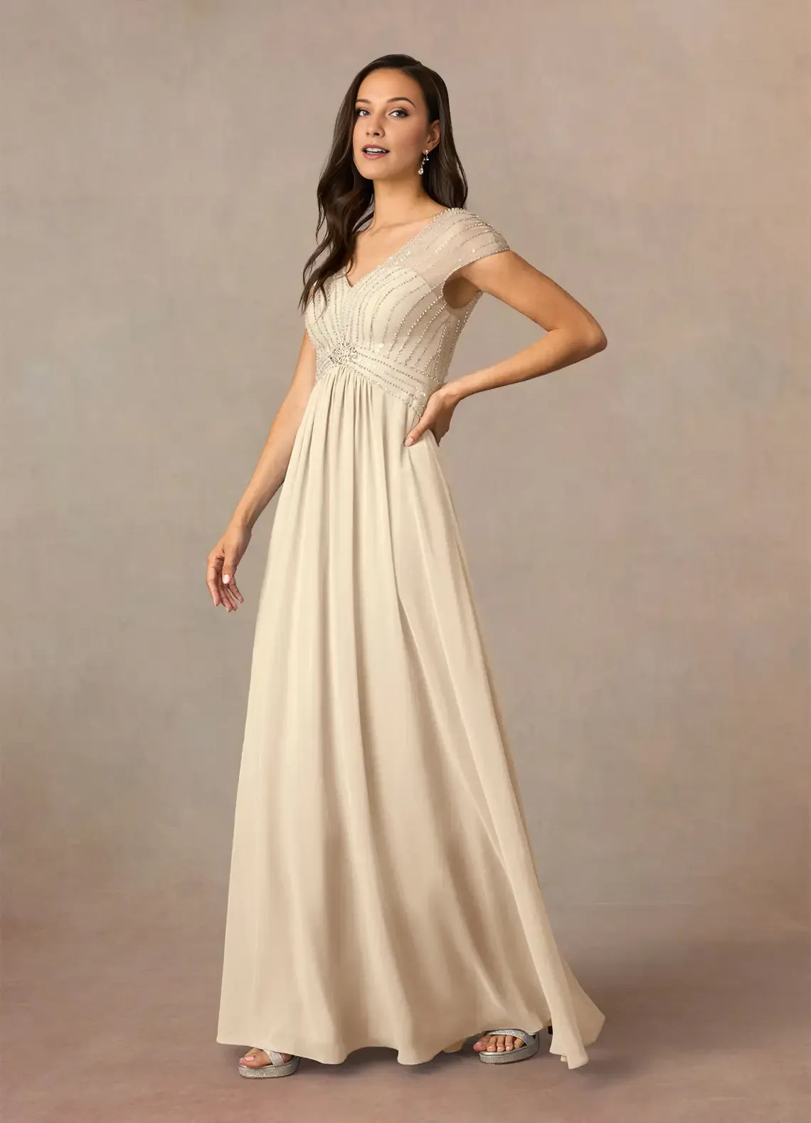 Champagne A-Line V-Neck sequins Mother of the Bride Dress with Bodice Cap Sleeves and Flowy Skirt