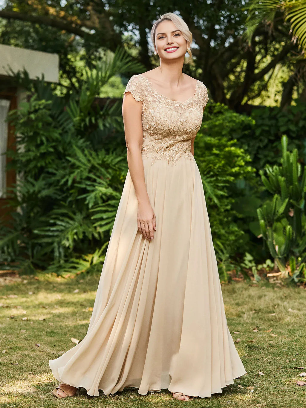 Champagne A-Line Scoop Neckline Short Sleeve Open Back Back Zip Floor-Length Mother of the Bride Dress