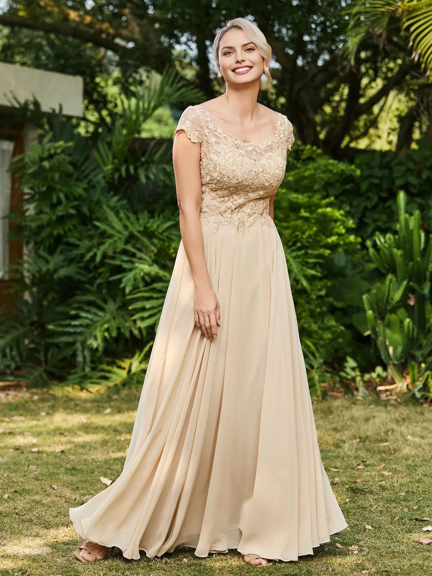 Champagne A-Line Scoop Neckline Short Sleeve Open Back Back Zip Floor-Length Mother of the Bride Dress
