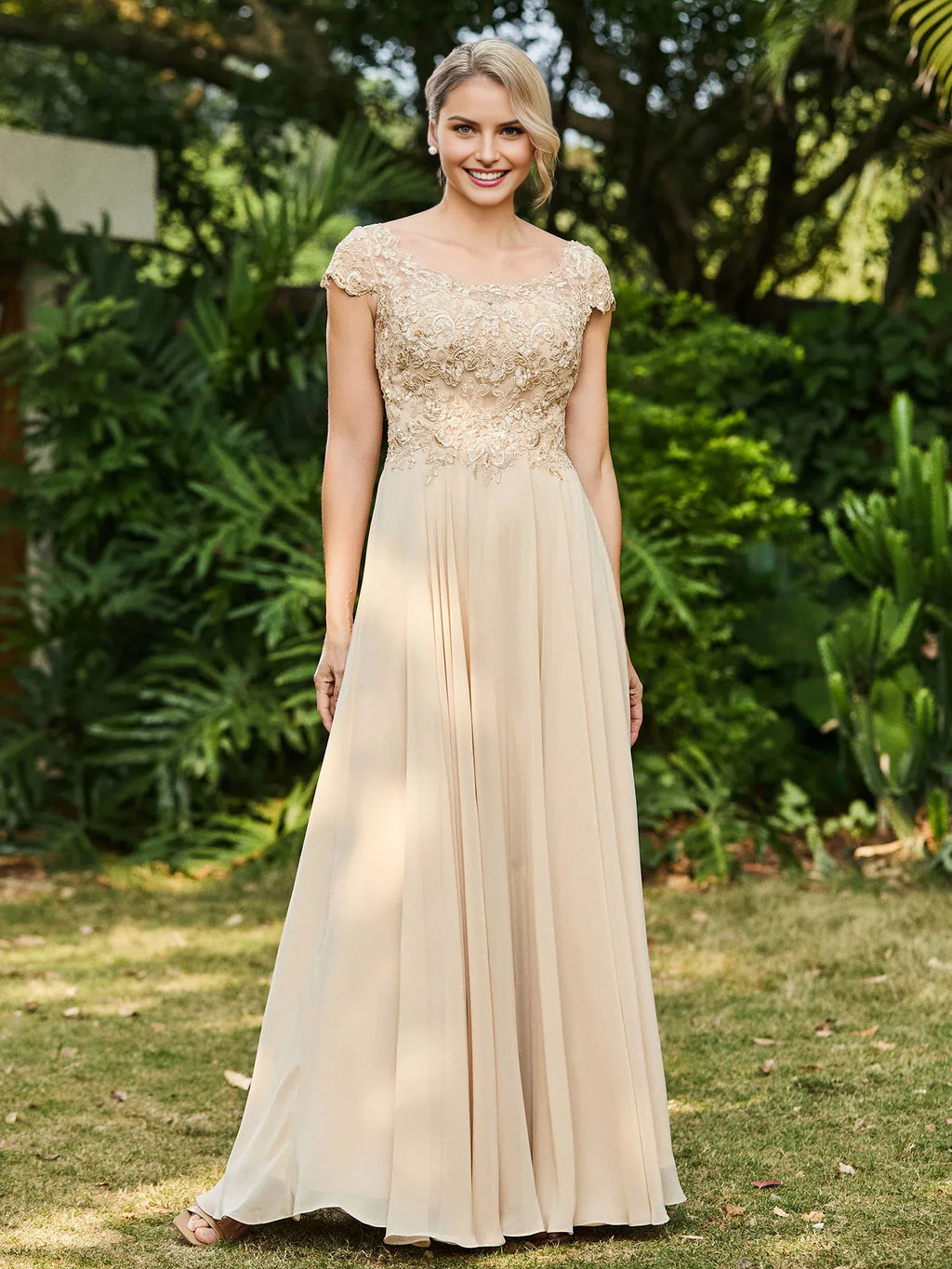 Champagne A-Line Scoop Neckline Short Sleeve Open Back Back Zip Floor-Length Mother of the Bride Dress