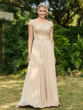 Champagne A-Line Scoop Neckline Short Sleeve Open Back Back Zip Floor-Length Mother of the Bride Dress