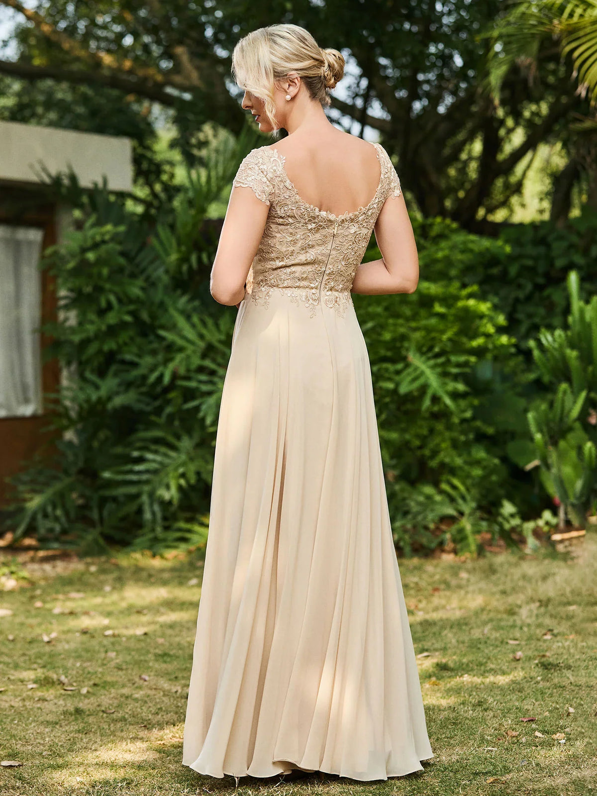Champagne A-Line Scoop Neckline Short Sleeve Open Back Back Zip Floor-Length Mother of the Bride Dress