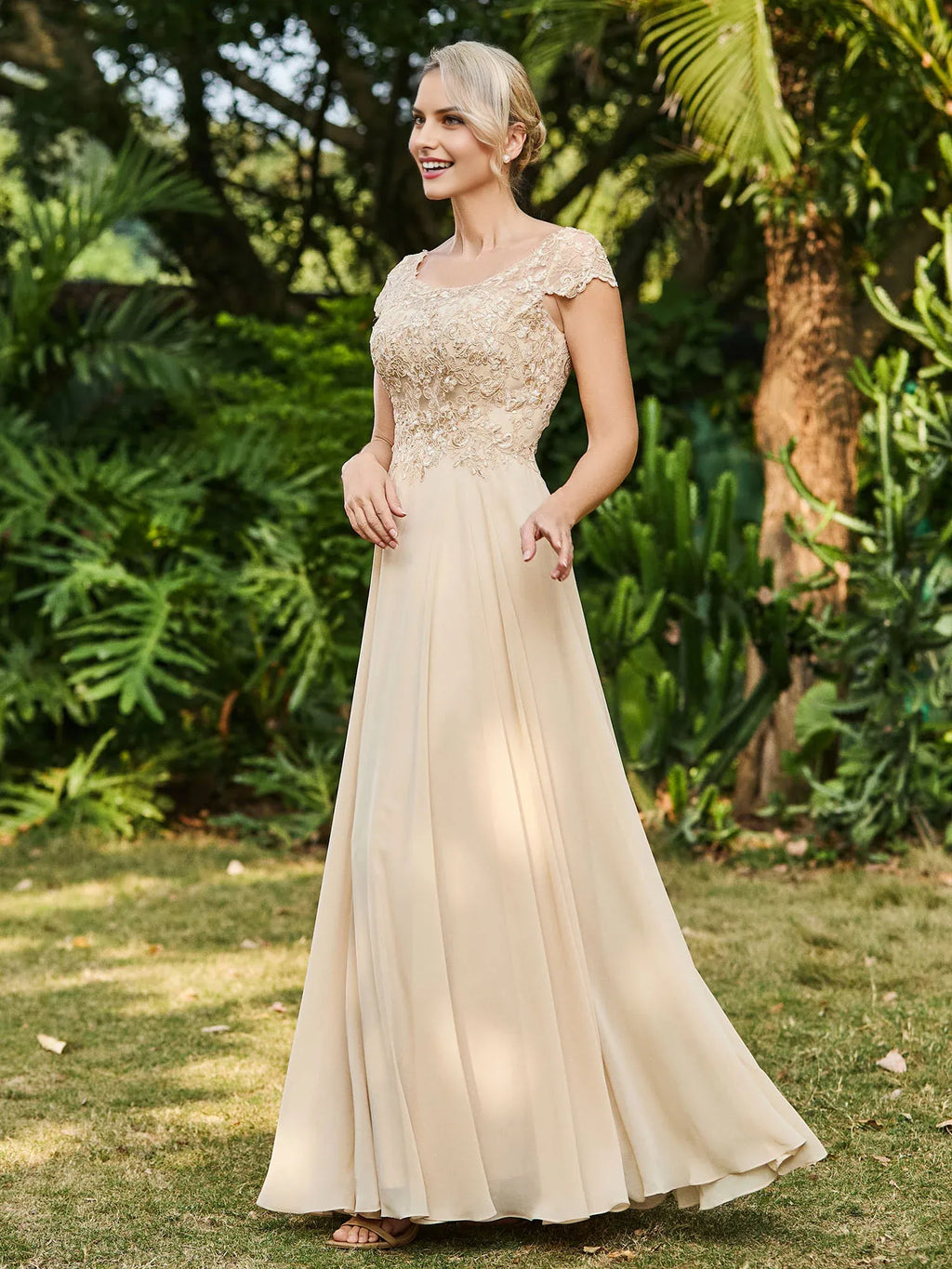 Champagne A-Line Scoop Neckline Short Sleeve Open Back Back Zip Floor-Length Mother of the Bride Dress