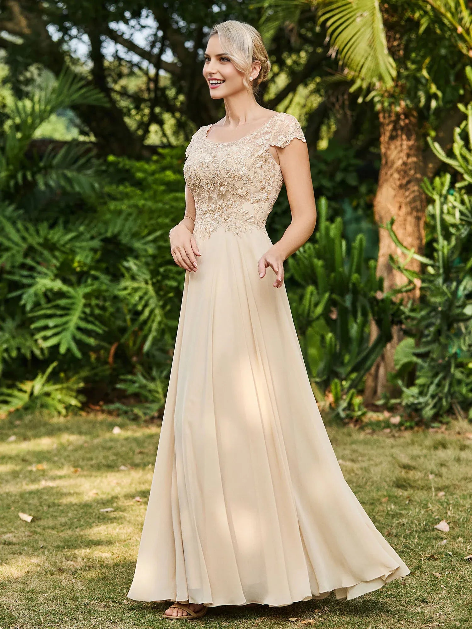 Champagne A-Line Scoop Neckline Short Sleeve Open Back Back Zip Floor-Length Mother of the Bride Dress