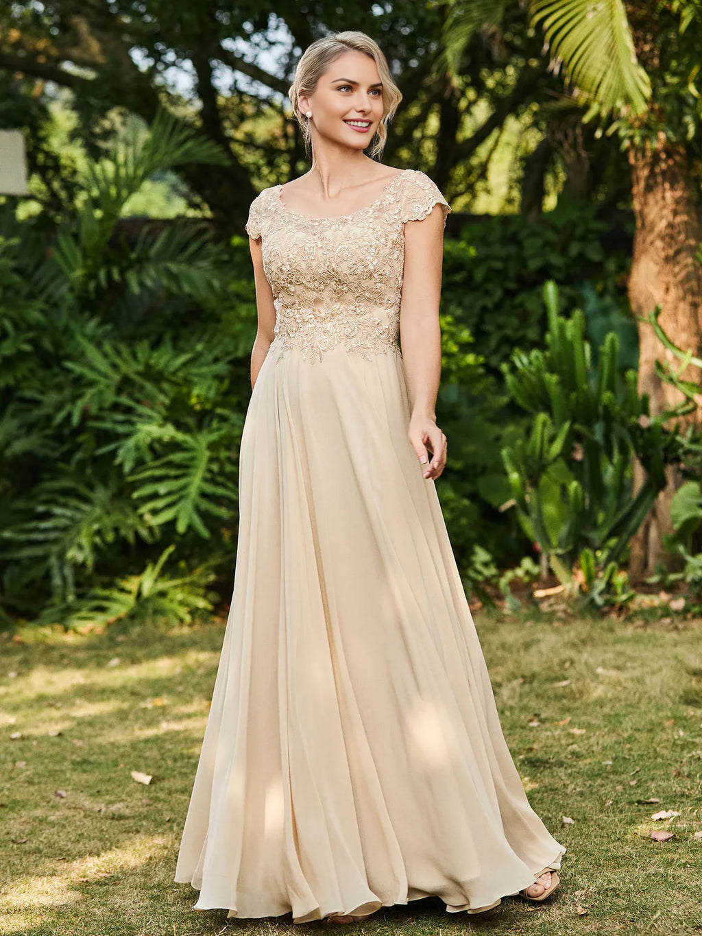 Champagne A-Line Scoop Neckline Short Sleeve Open Back Back Zip Floor-Length Mother of the Bride Dress