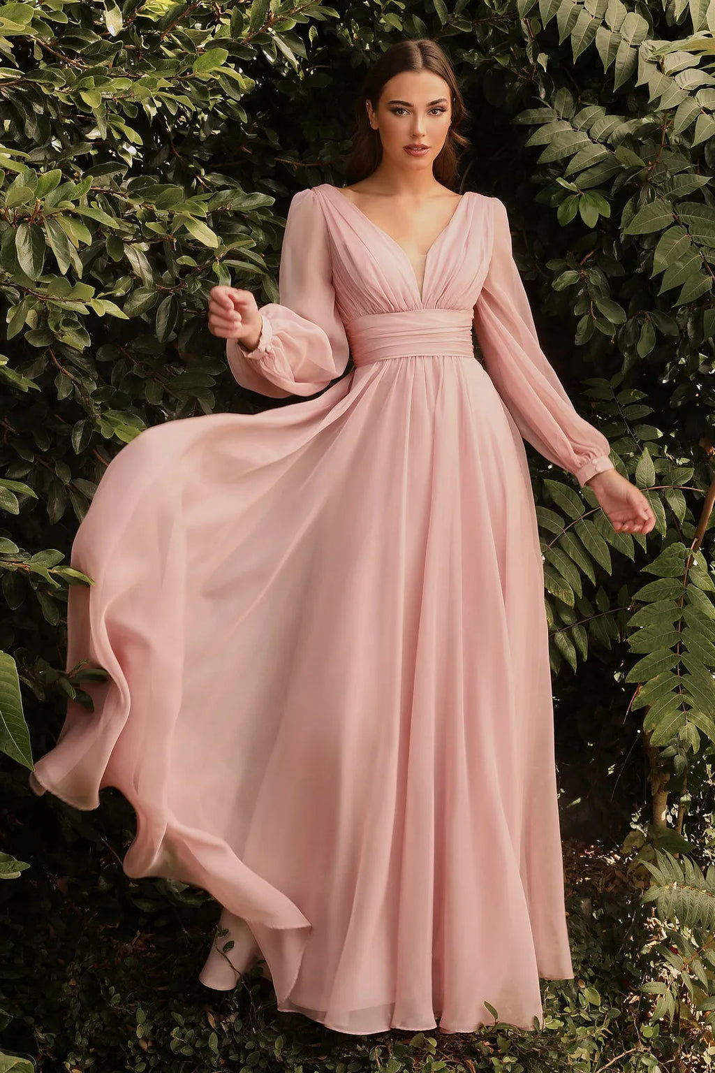 Champagne Prom Dress with Deep V Neck Puff Sleeves and Ruched Waist for Formal Evening Occasions