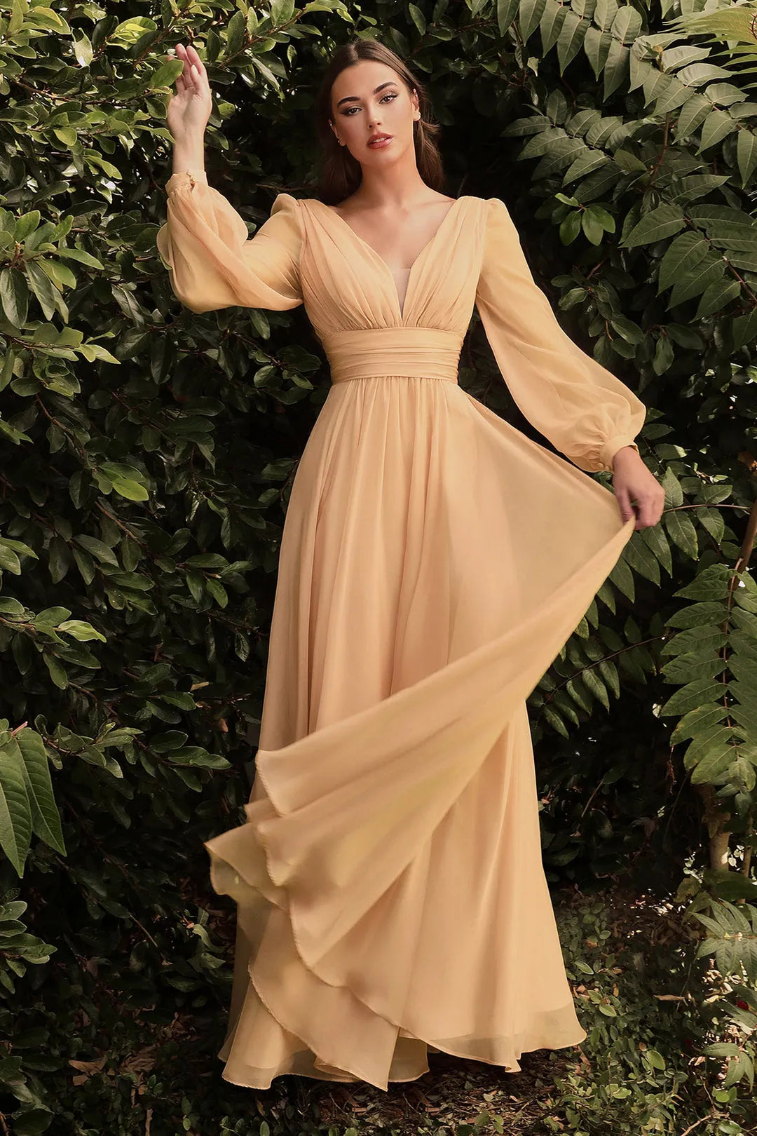 Champagne Prom Dress with Deep V Neck Puff Sleeves and Ruched Waist for Formal Evening Occasions