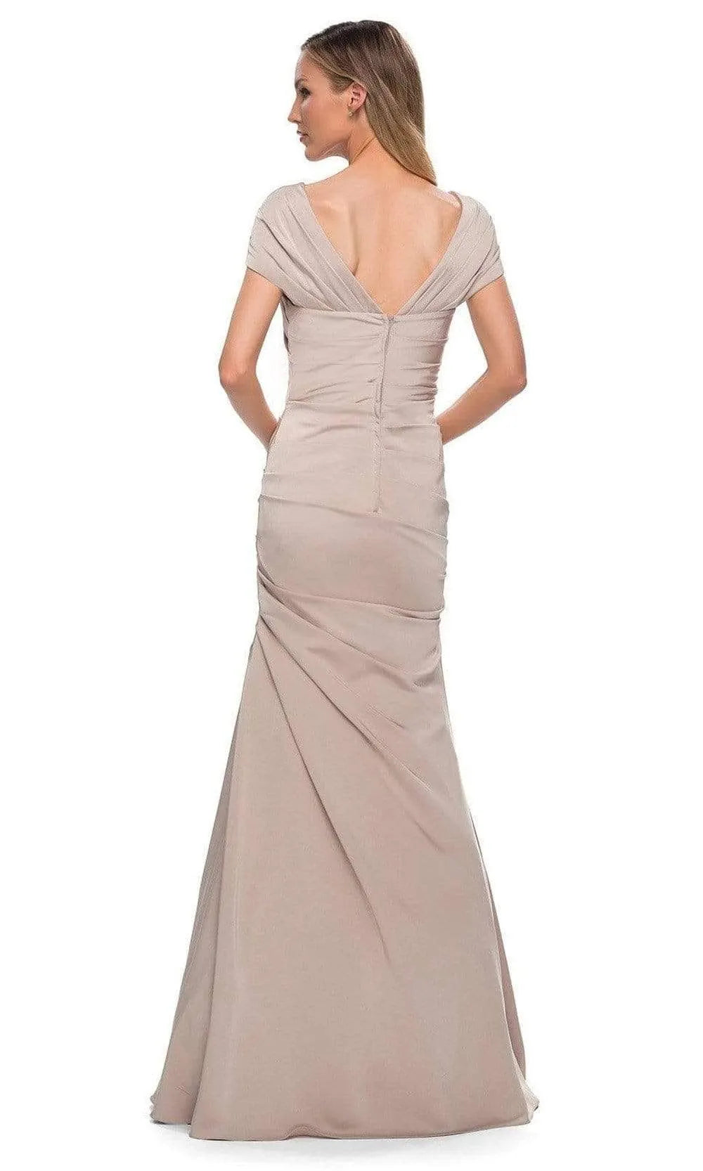 Champagne Colored Mermaid Evening Dresses with Cap Sleeves Cross Front Bodice and Ruched Detailing