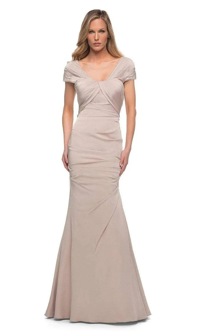 Champagne Colored Mermaid Evening Dresses with Cap Sleeves Cross Front Bodice and Ruched Detailing