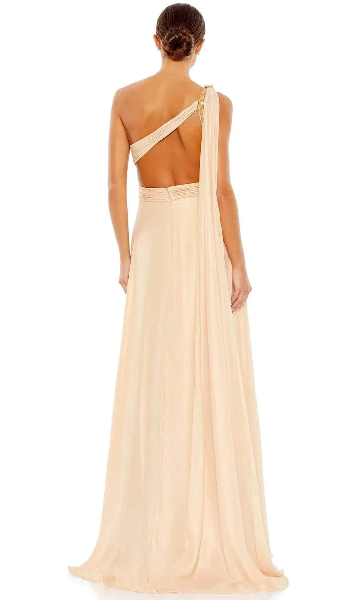 Champagne Colored One Shoulder Prom Gown with Gold Embellishments