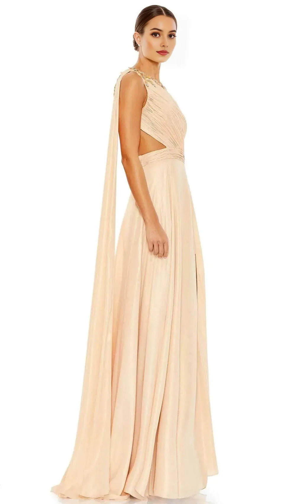Champagne Colored One Shoulder Prom Gown with Gold Embellishments