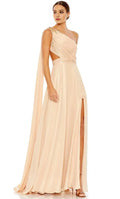 Champagne Colored One Shoulder Prom Gown with Gold Embellishments
