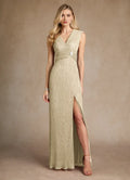 Champagne Gold A-Line Pleated Mother of the Bride Dress Plunging V - Neck Sleeveless Fabric Waist Accent Side - Slit
