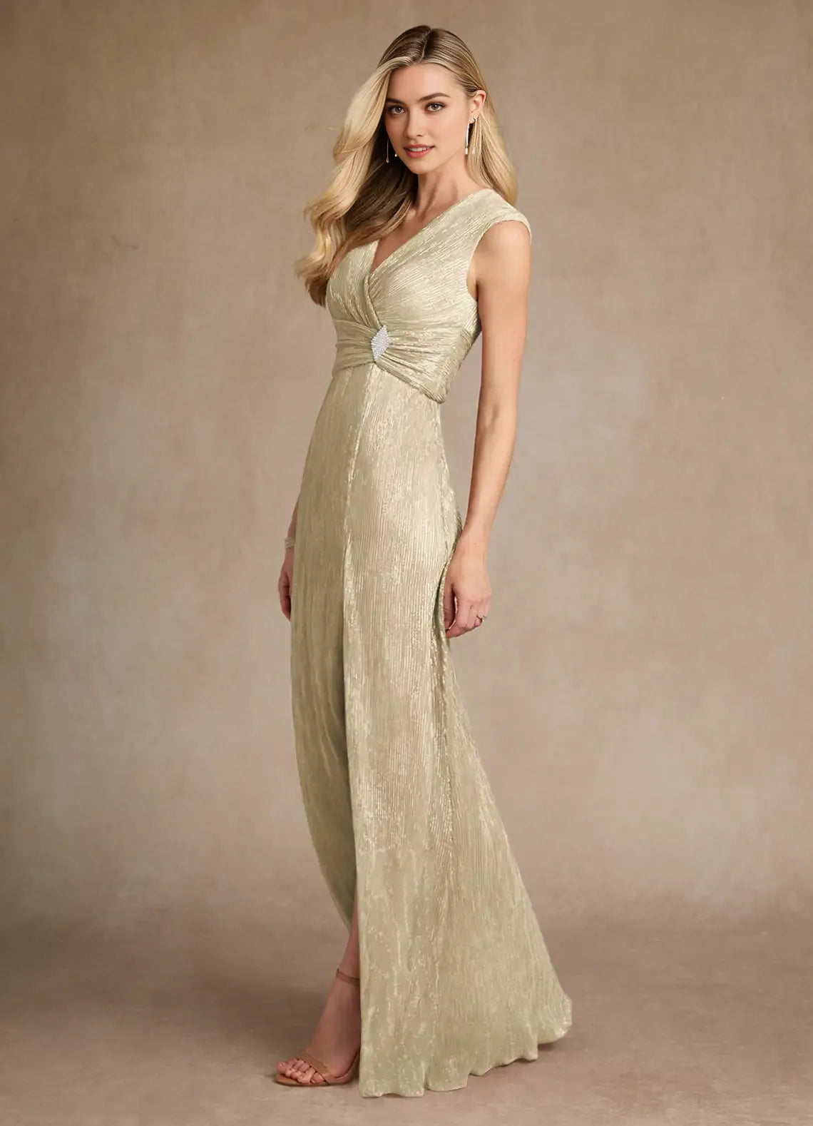 Champagne Gold A-Line Pleated Mother of the Bride Dress Plunging V - Neck Sleeveless Fabric Waist Accent Side - Slit