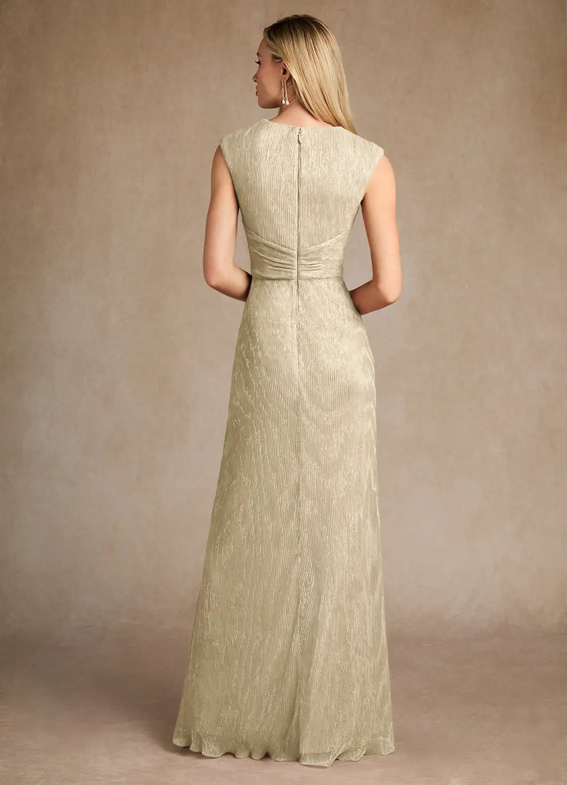 Champagne Gold A-Line Pleated Mother of the Bride Dress Plunging V - Neck Sleeveless Fabric Waist Accent Side - Slit