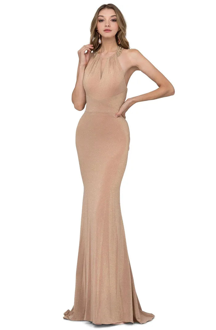 Champagne Halter Evening Dresses featuring Straps Keyhole Neckline and Mermaid Fit to Elevate